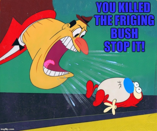 YOU KILLED THE FRIGING BUSH STOP IT! | image tagged in yelling | made w/ Imgflip meme maker