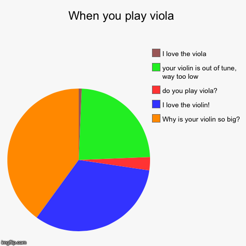 When you play viola | Why is your violin so big?, I love the violin!, do you play viola?, your violin is out of tune, way too low, I love th | image tagged in funny,pie charts,orchestra | made w/ Imgflip chart maker