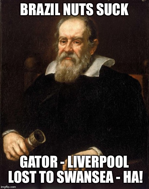 Galileo  | BRAZIL NUTS SUCK; GATOR - LIVERPOOL LOST TO SWANSEA - HA! | image tagged in galileo | made w/ Imgflip meme maker