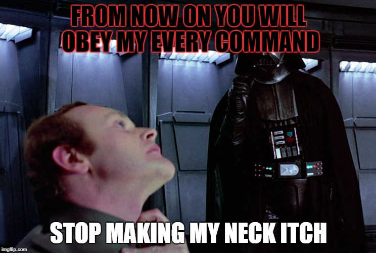darth vader force choke | FROM NOW ON YOU WILL OBEY MY EVERY COMMAND; STOP MAKING MY NECK ITCH | image tagged in darth vader force choke | made w/ Imgflip meme maker
