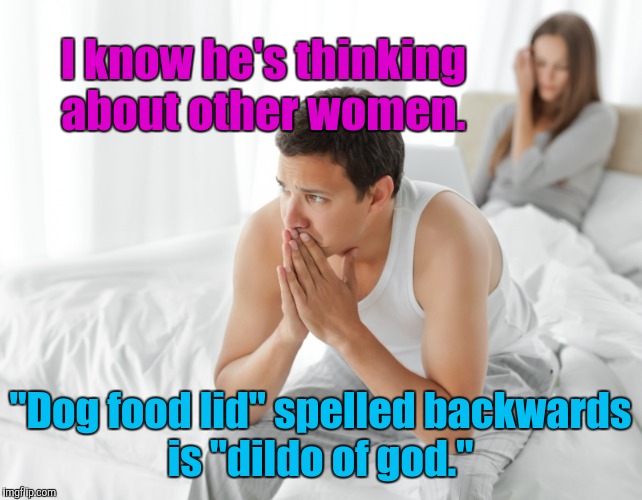 Couple upset in bed | I know he's thinking about other women. "Dog food lid" spelled backwards is "dildo of god." | image tagged in couple upset in bed | made w/ Imgflip meme maker