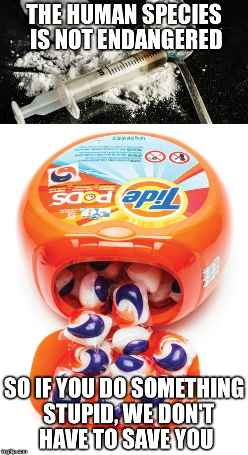 Heroin and Tide Pods | THE HUMAN SPECIES IS NOT ENDANGERED; SO IF YOU DO SOMETHING  STUPID, WE DON'T HAVE TO SAVE YOU | image tagged in heroin,tide pods | made w/ Imgflip meme maker