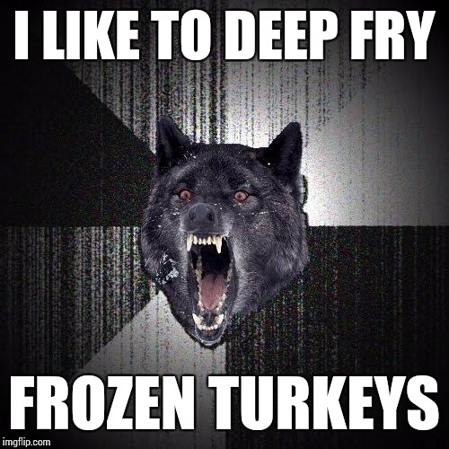 Insanity Wolf Meme | I LIKE TO DEEP FRY; FROZEN TURKEYS | image tagged in memes,insanity wolf | made w/ Imgflip meme maker