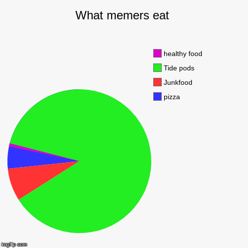 What memers eat | pizza, Junkfood, Tide pods, healthy food | image tagged in funny,pie charts | made w/ Imgflip chart maker
