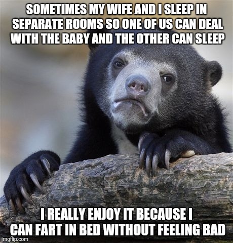 Confession Bear Meme | SOMETIMES MY WIFE AND I SLEEP IN SEPARATE ROOMS SO ONE OF US CAN DEAL WITH THE BABY AND THE OTHER CAN SLEEP; I REALLY ENJOY IT BECAUSE I CAN FART IN BED WITHOUT FEELING BAD | image tagged in memes,confession bear | made w/ Imgflip meme maker