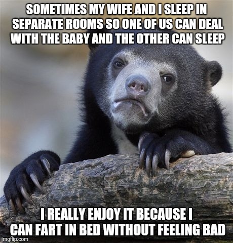 Confession Bear | SOMETIMES MY WIFE AND I SLEEP IN SEPARATE ROOMS SO ONE OF US CAN DEAL WITH THE BABY AND THE OTHER CAN SLEEP; I REALLY ENJOY IT BECAUSE I CAN FART IN BED WITHOUT FEELING BAD | image tagged in memes,confession bear | made w/ Imgflip meme maker