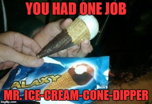 Dip it, dip it good | YOU HAD ONE JOB; MR. ICE-CREAM-CONE-DIPPER | image tagged in dip it,mistake,work,chocolate,ice cream | made w/ Imgflip meme maker