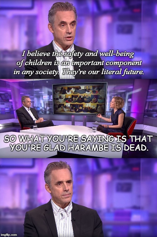 So What You're Saying Is... | I believe the safety and well-being of children is an important component in any society. They're our literal future. SO WHAT YOU'RE SAYING IS THAT YOU'RE GLAD HARAMBE IS DEAD. | image tagged in jordan peterson vs feminist interviewer,harambe,dead,children,safety,society | made w/ Imgflip meme maker