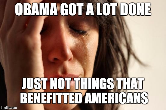 First World Problems Meme | OBAMA GOT A LOT DONE JUST NOT THINGS THAT BENEFITTED AMERICANS | image tagged in memes,first world problems | made w/ Imgflip meme maker