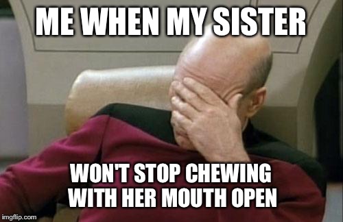 Captain Picard Facepalm Meme | ME WHEN MY SISTER; WON'T STOP CHEWING WITH HER MOUTH OPEN | image tagged in memes,captain picard facepalm | made w/ Imgflip meme maker