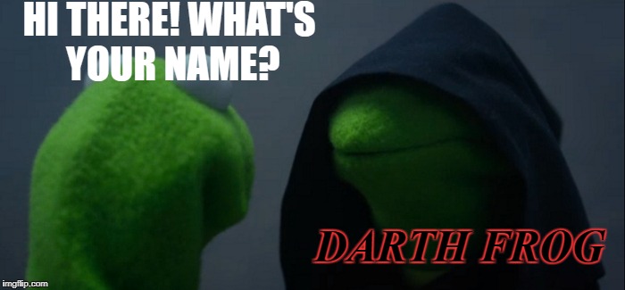 Evil Kermit | HI THERE! WHAT'S YOUR NAME? DARTH FROG | image tagged in memes,evil kermit | made w/ Imgflip meme maker