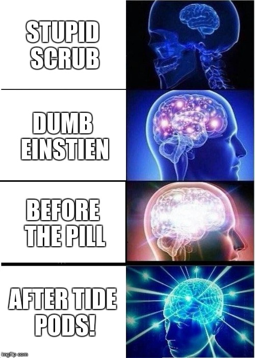 Expanding Brain | STUPID SCRUB; DUMB EINSTIEN; BEFORE THE PILL; AFTER TIDE PODS! | image tagged in memes,expanding brain | made w/ Imgflip meme maker