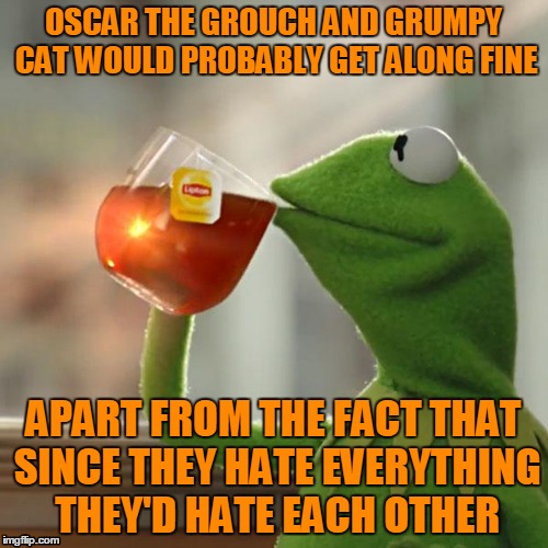 But That's None Of My Business Meme | OSCAR THE GROUCH AND GRUMPY CAT WOULD PROBABLY GET ALONG FINE APART FROM THE FACT THAT SINCE THEY HATE EVERYTHING THEY'D HATE EACH OTHER | image tagged in memes,but thats none of my business,kermit the frog | made w/ Imgflip meme maker