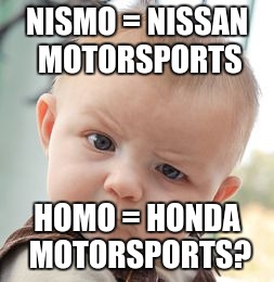 Skeptical Baby Meme | NISMO = NISSAN MOTORSPORTS; HOMO = HONDA MOTORSPORTS? | image tagged in memes,skeptical baby | made w/ Imgflip meme maker