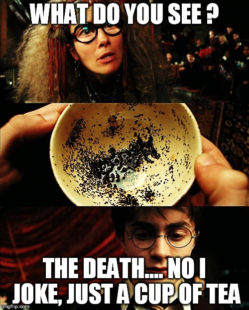 harry potter | WHAT DO YOU SEE ? THE DEATH.... NO I JOKE, JUST A CUP OF TEA | image tagged in harry potter | made w/ Imgflip meme maker