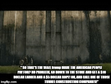 trump Wall can be 100 ft tall, it still isn't going to work! Oh & the American people are going 2 pay for it NOT Mexico!  WASTE! | " SO THAT'S THE WALL trump MADE THE AMERICAN PEOPLE PAY FOR? NO PROBLEM, GO DOWN TO THE STORE AND GET A $10 DOLLAR LADDER AND A $5 DOLLAR ROPE! OH, AND CALL ONE OF THOSE       
                       TUNNEL CONSTRUCTION COMPANIES!" | image tagged in trump wall,donald trump wall,government waste,donald trump is an idiot,trump wall trump graft,no ban no wall no raids | made w/ Imgflip meme maker