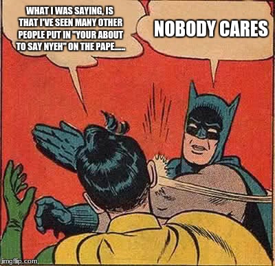 Batman Slapping Robin Meme | WHAT I WAS SAYING, IS THAT I'VE SEEN MANY OTHER PEOPLE PUT IN "YOUR ABOUT TO SAY NYEH" ON THE PAPE...... NOBODY CARES | image tagged in memes,batman slapping robin | made w/ Imgflip meme maker