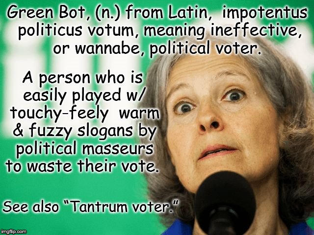 Jill Stein | Green Bot, (n.) from Latin,  impotentus politicus votum, meaning ineffective, or wannabe, political voter. A person who is easily played w/ touchy-feely  warm & fuzzy slogans by political masseurs  to waste their vote. See also “Tantrum voter.” | image tagged in jill stein | made w/ Imgflip meme maker