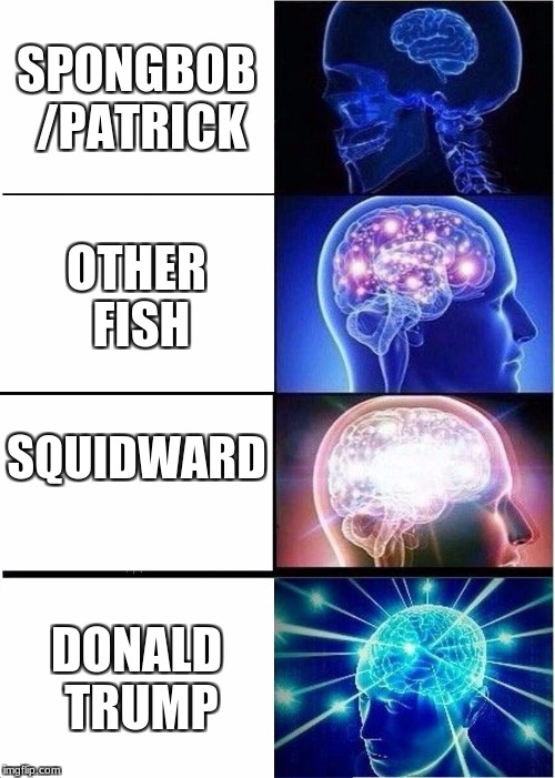 Expanding Brain Meme |  SPONGBOB /PATRICK; OTHER FISH; SQUIDWARD; DONALD TRUMP | image tagged in memes,expanding brain | made w/ Imgflip meme maker