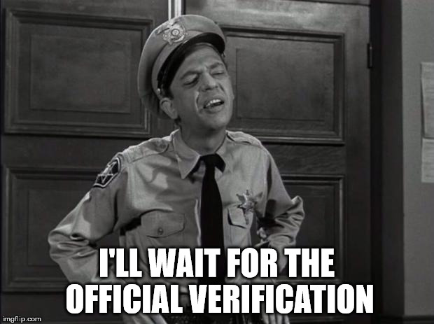 I'll wait for the official verification | I'LL WAIT FOR THE OFFICIAL VERIFICATION | image tagged in barney fife | made w/ Imgflip meme maker