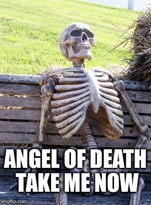 Waiting Skeleton | ANGEL OF DEATH TAKE ME NOW | image tagged in memes,waiting skeleton | made w/ Imgflip meme maker