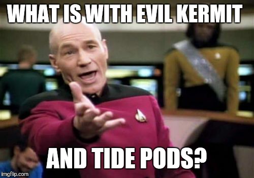 He ought to drink Clorox and die! | WHAT IS WITH EVIL KERMIT; AND TIDE PODS? | image tagged in memes,picard wtf,evil kermit,tide pods | made w/ Imgflip meme maker