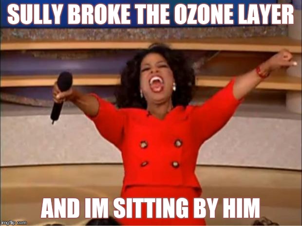 Oprah You Get A | SULLY BROKE THE OZONE LAYER; AND IM SITTING BY HIM | image tagged in memes,oprah you get a | made w/ Imgflip meme maker