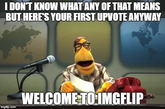 news! | I DON'T KNOW WHAT ANY OF THAT MEANS BUT HERE'S YOUR FIRST UPVOTE ANYWAY WELCOME TO IMGFLIP | image tagged in news | made w/ Imgflip meme maker