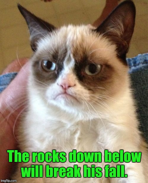 Grumpy Cat Meme | The rocks down below will break his fall. | image tagged in memes,grumpy cat | made w/ Imgflip meme maker