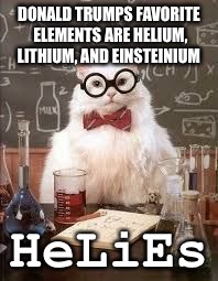 SMART CAT | DONALD TRUMPS FAVORITE ELEMENTS ARE HELIUM, LITHIUM, AND EINSTEINIUM; HeLiEs | image tagged in smart cat | made w/ Imgflip meme maker