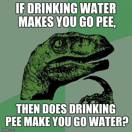 Philosoraptor Meme | IF DRINKING WATER MAKES YOU GO PEE, THEN DOES DRINKING PEE MAKE YOU GO WATER? | image tagged in memes,philosoraptor | made w/ Imgflip meme maker