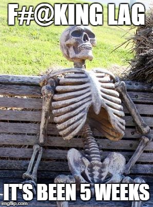 Waiting Skeleton Meme | F#@KING LAG; IT'S BEEN 5 WEEKS | image tagged in memes,waiting skeleton | made w/ Imgflip meme maker