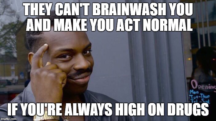 stoner logic | THEY CAN'T BRAINWASH YOU AND MAKE YOU ACT NORMAL; IF YOU'RE ALWAYS HIGH ON DRUGS | image tagged in memes,roll safe think about it | made w/ Imgflip meme maker