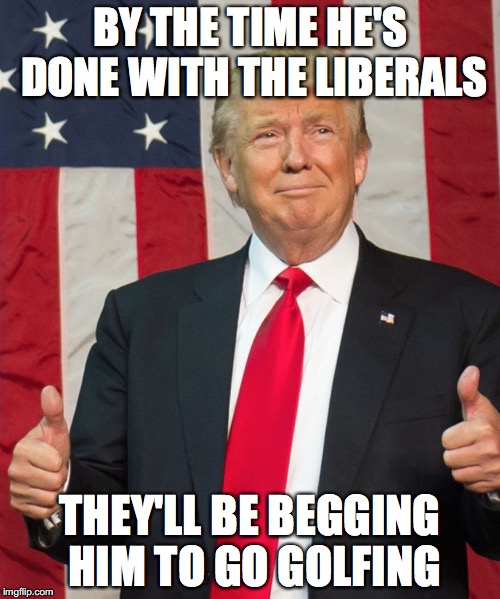 and takin' names... | BY THE TIME HE'S DONE WITH THE LIBERALS; THEY'LL BE BEGGING HIM TO GO GOLFING | image tagged in trump,president trump,economy,democrats | made w/ Imgflip meme maker