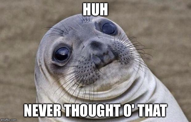 HUH NEVER THOUGHT O' THAT | image tagged in memes,awkward moment sealion | made w/ Imgflip meme maker
