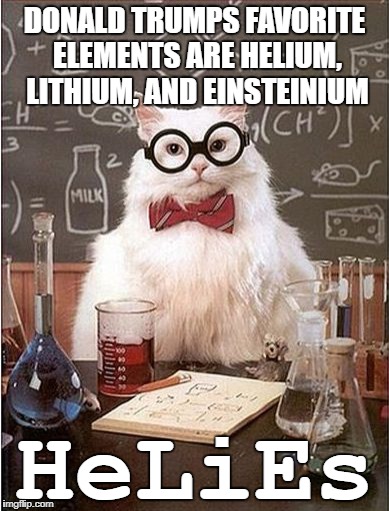 Chemistry Cat Blank | DONALD TRUMPS FAVORITE ELEMENTS ARE HELIUM, LITHIUM, AND EINSTEINIUM; HeLiEs | image tagged in chemistry cat blank | made w/ Imgflip meme maker