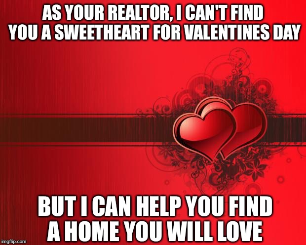 Valentines Day | AS YOUR REALTOR, I CAN'T FIND YOU A SWEETHEART FOR VALENTINES DAY; BUT I CAN HELP YOU FIND A HOME YOU WILL LOVE | image tagged in valentines day | made w/ Imgflip meme maker