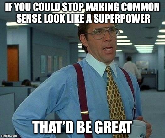 The least common superpower  | IF YOU COULD STOP MAKING COMMON SENSE LOOK LIKE A SUPERPOWER; THAT’D BE GREAT | image tagged in memes,that would be great,common sense,superpower | made w/ Imgflip meme maker