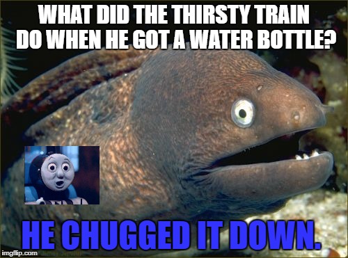 Bad Joke Eel | WHAT DID THE THIRSTY TRAIN DO WHEN HE GOT A WATER BOTTLE? HE CHUGGED IT DOWN. | image tagged in memes,bad joke eel | made w/ Imgflip meme maker
