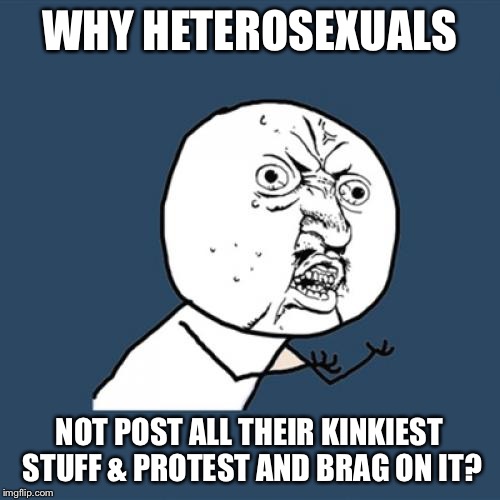Y U No Meme | WHY HETEROSEXUALS NOT POST ALL THEIR KINKIEST STUFF & PROTEST AND BRAG ON IT? | image tagged in memes,y u no | made w/ Imgflip meme maker