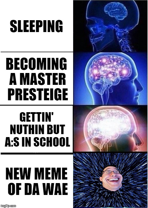 Expanding Brain Meme | SLEEPING; BECOMING A MASTER PRESTEIGE; GETTIN' NUTHIN BUT A:S IN SCHOOL; NEW MEME OF DA WAE | image tagged in memes,expanding brain | made w/ Imgflip meme maker