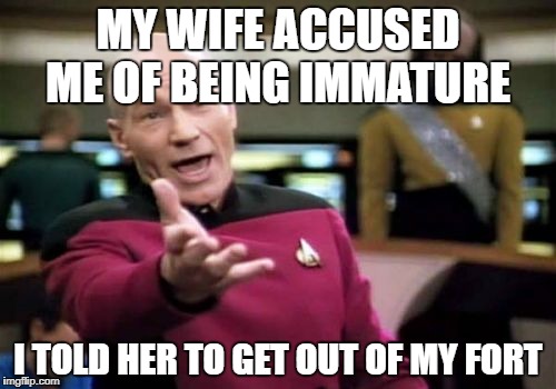 Picard Wtf Meme | MY WIFE ACCUSED ME OF BEING IMMATURE; I TOLD HER TO GET OUT OF MY FORT | image tagged in memes,picard wtf | made w/ Imgflip meme maker