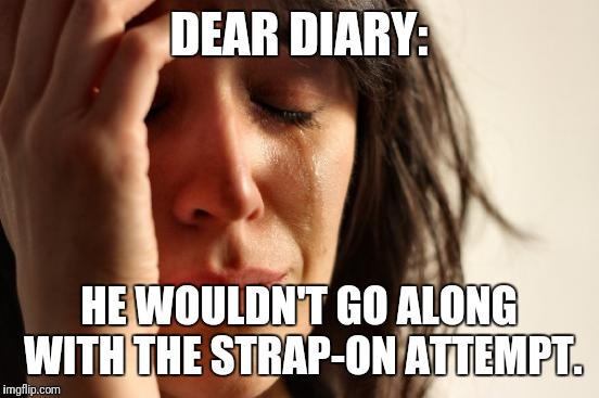 This Seems Like a Good "Dear Diary" Template | DEAR DIARY:; HE WOULDN'T GO ALONG WITH THE STRAP-ON ATTEMPT. | image tagged in memes,first world problems,nsfw | made w/ Imgflip meme maker