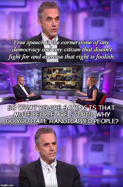 So What You're Saying Is... | Free speech is the cornerstone of any democracy and any citizen that doesn't fight for and exercise that right is foolish. SO WHAT YOU'RE SAYING IS THAT MUTE PEOPLE ARE STUPID. WHY DO YOU HATE HANDICAPPED PEOPLE? | image tagged in jordan peterson vs feminist interviewer,handicapped,free speech,stupid,sjw,hate | made w/ Imgflip meme maker