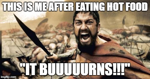 Sparta Leonidas | THIS IS ME AFTER EATING HOT FOOD; "IT BUUUUURNS!!!" | image tagged in memes,sparta leonidas | made w/ Imgflip meme maker