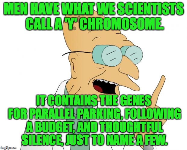 This meme is sure to make me some new friends, honey! | MEN HAVE WHAT WE SCIENTISTS CALL A 'Y' CHROMOSOME. IT CONTAINS THE GENES FOR PARALLEL PARKING, FOLLOWING A BUDGET, AND THOUGHTFUL SILENCE, JUST TO NAME A FEW. | image tagged in memes,women,just kidding,professor farnsworth | made w/ Imgflip meme maker