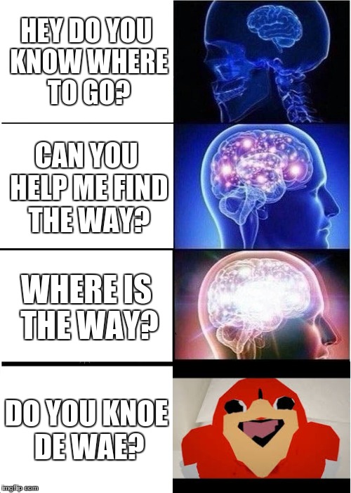 Expanding Brain | HEY DO YOU KNOW WHERE TO GO? CAN YOU HELP ME FIND THE WAY? WHERE IS THE WAY? DO YOU KNOE DE WAE? | image tagged in memes,expanding brain | made w/ Imgflip meme maker