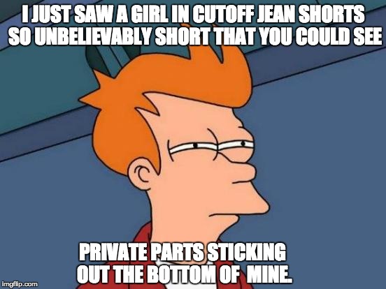 Futurama Fry Meme | I JUST SAW A GIRL IN CUTOFF JEAN SHORTS SO UNBELIEVABLY SHORT THAT YOU COULD SEE; PRIVATE PARTS STICKING OUT THE BOTTOM OF  MINE. | image tagged in memes,futurama fry | made w/ Imgflip meme maker