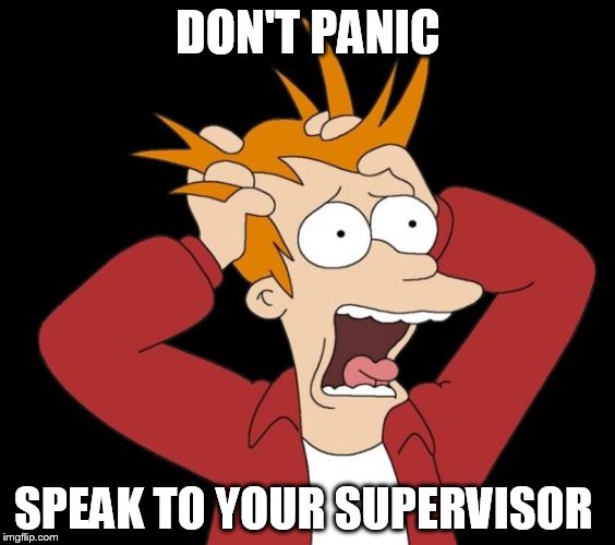 Fry panic |  DON'T PANIC; SPEAK TO YOUR SUPERVISOR | image tagged in fry panic | made w/ Imgflip meme maker
