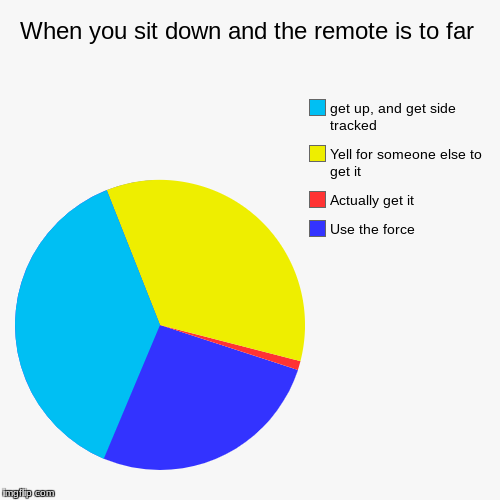 When you sit down and the remote is to far | Use the force, Actually get it, Yell for someone else to get it, get up, and get side tracked | image tagged in funny,pie charts | made w/ Imgflip chart maker
